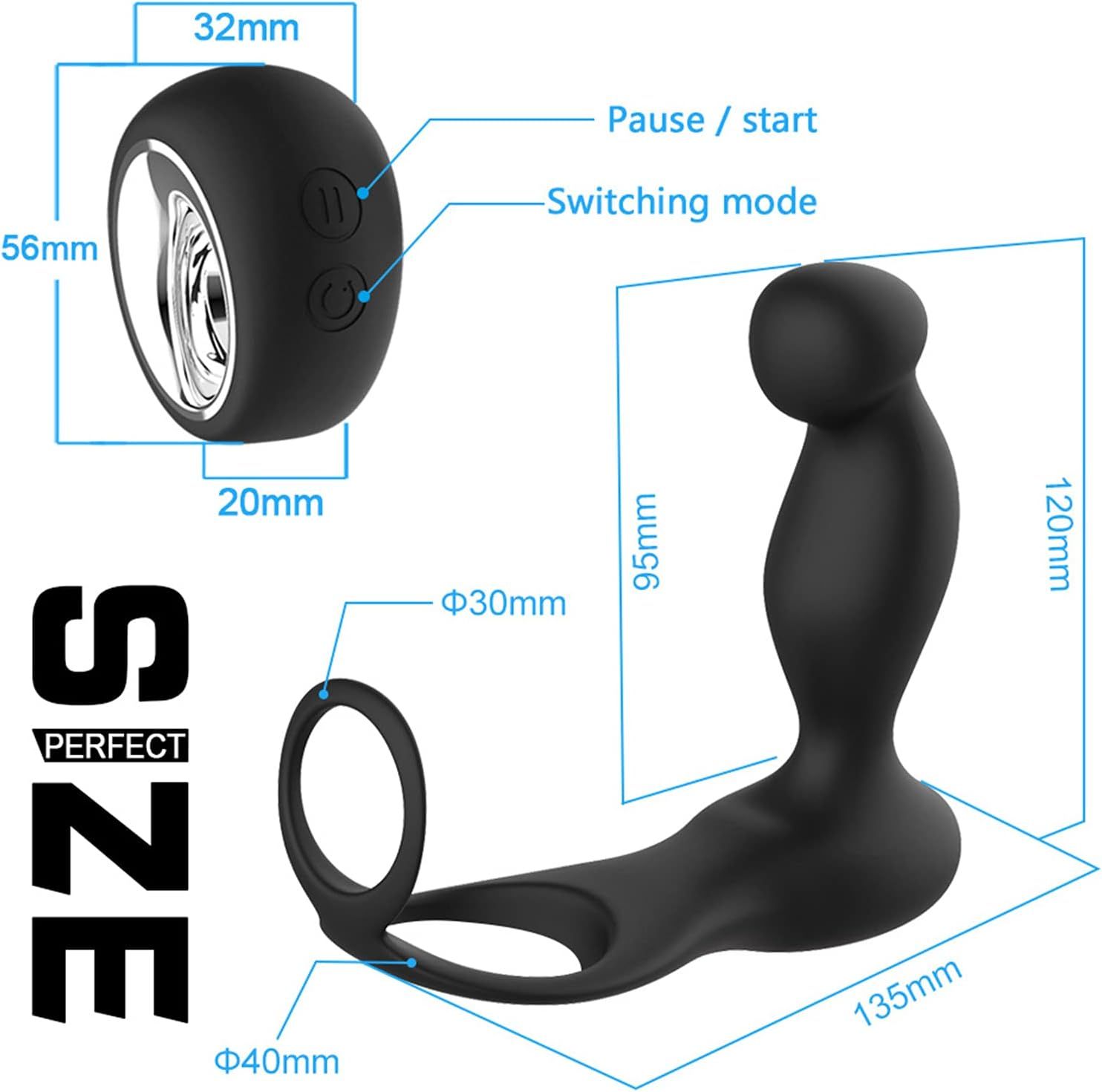Vibrador y masajeador de próstata con doble anillo + control