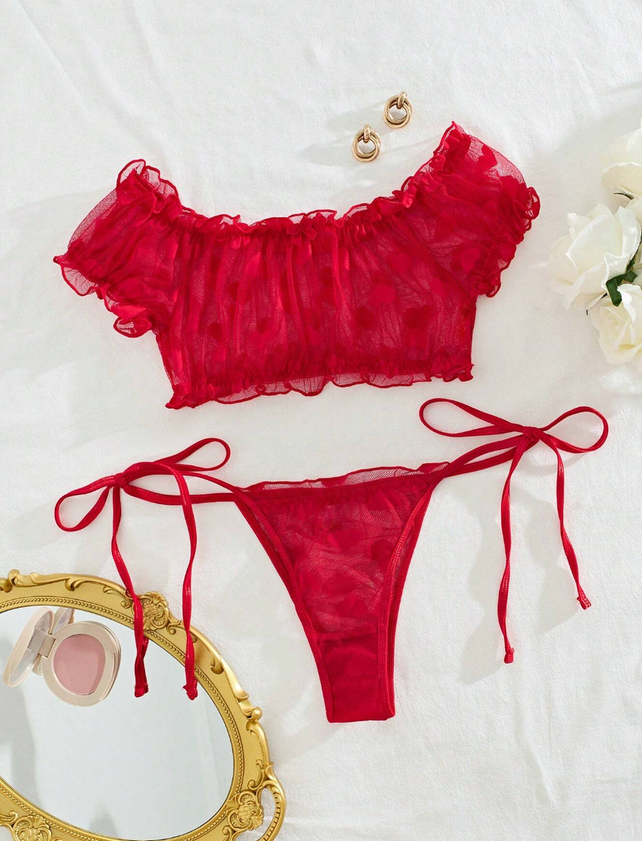Sexy traje de encaje transparente rojo