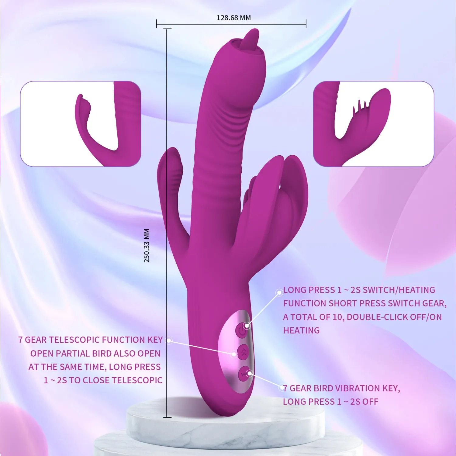 Vibrador triple estimulación rotativo y telescopico