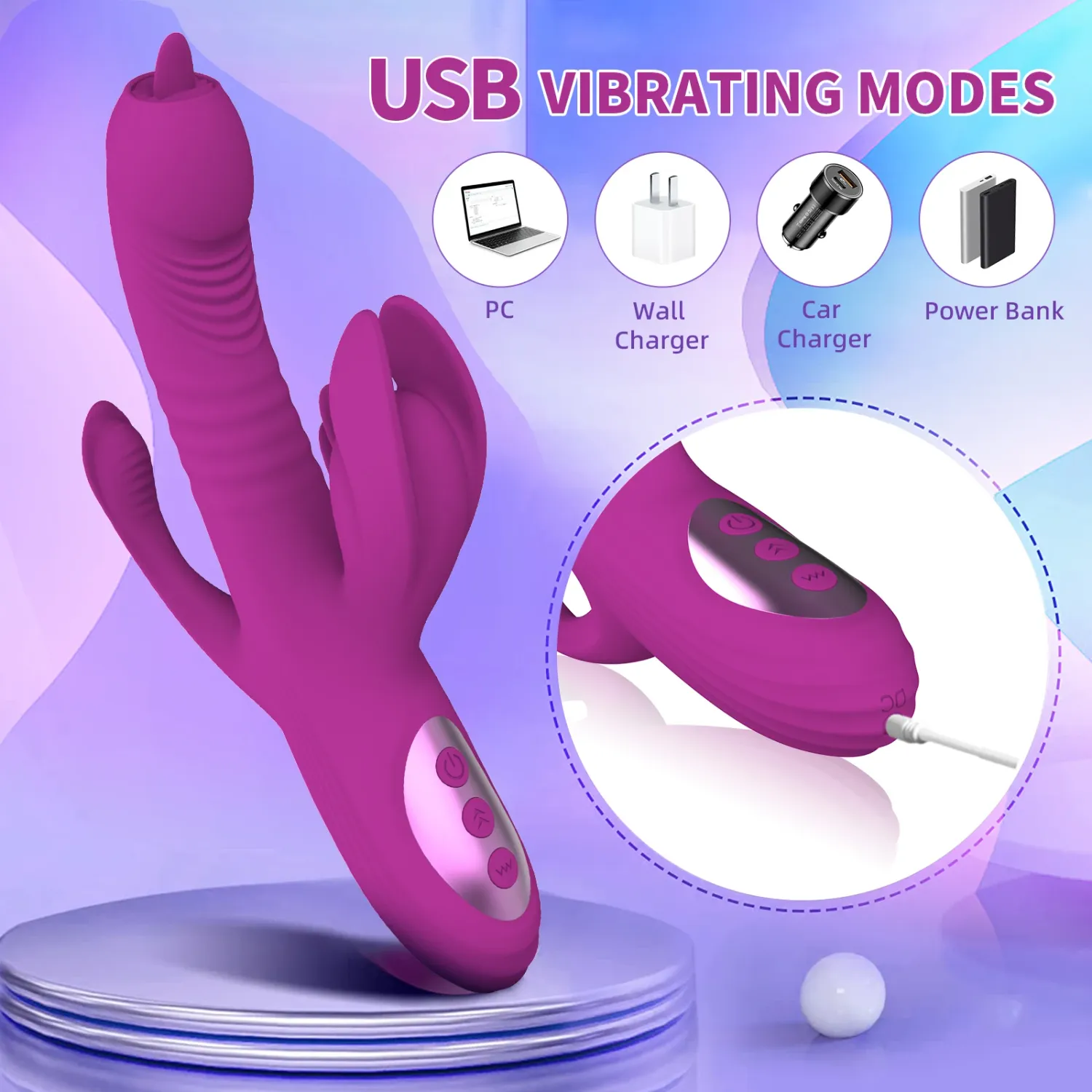 Vibrador triple estimulación rotativo y telescopico