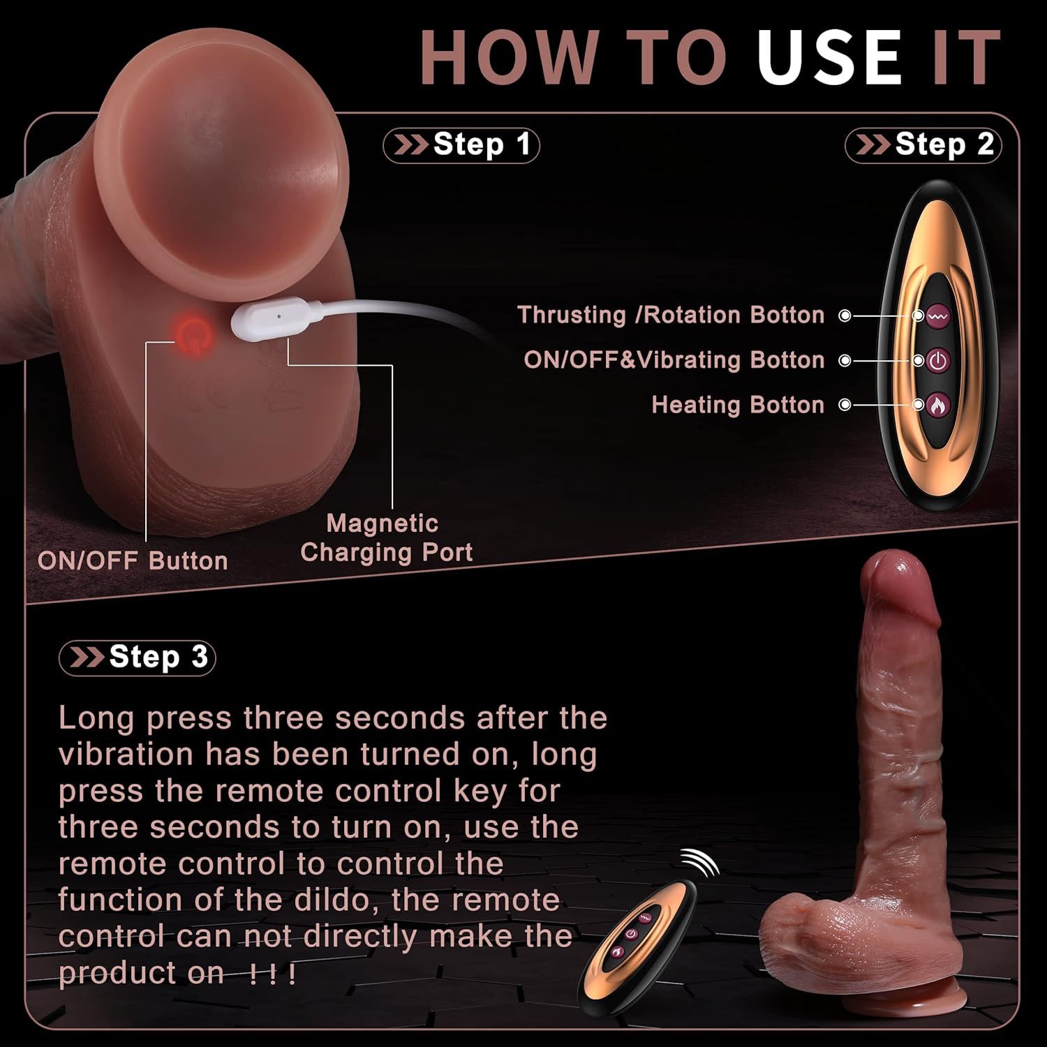 Dildo Vibrador Realista de 25cms /  Con empuje y calefacción