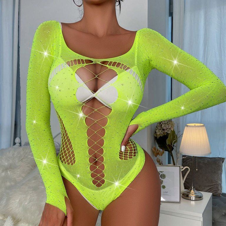Body de malla de manga larga con purpurina y diamantes de imitación