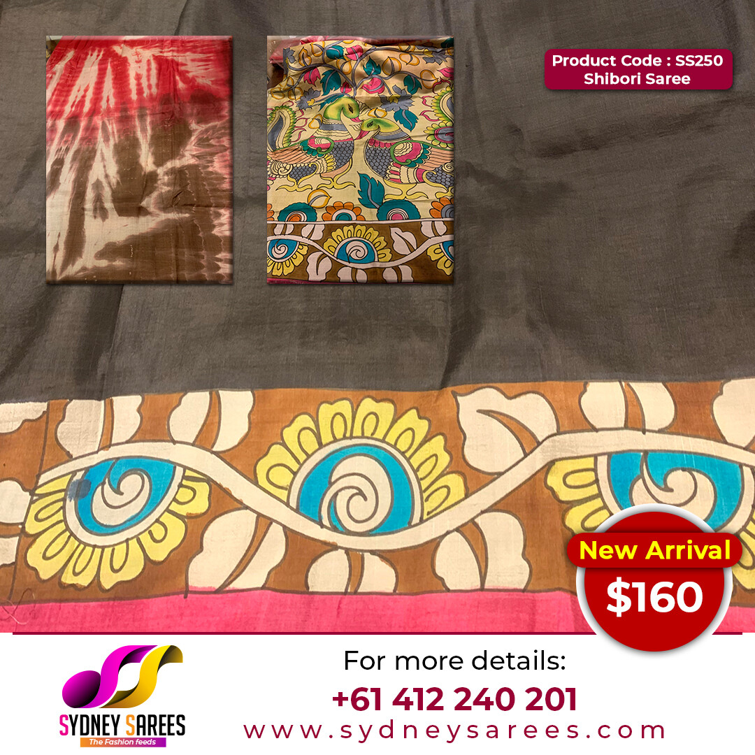 Katan silk with Shibori print and hand painted Kalamkari design on pallu