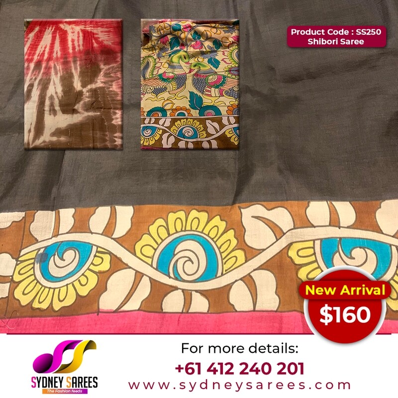 Katan silk with Shibori print and hand painted Kalamkari design on pallu