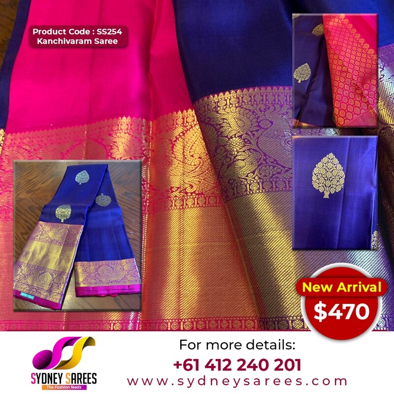 A pure, midnight blue Kanchi Saree with a long border on one side