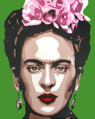 Frida Kahlo, color, red lips, green background 