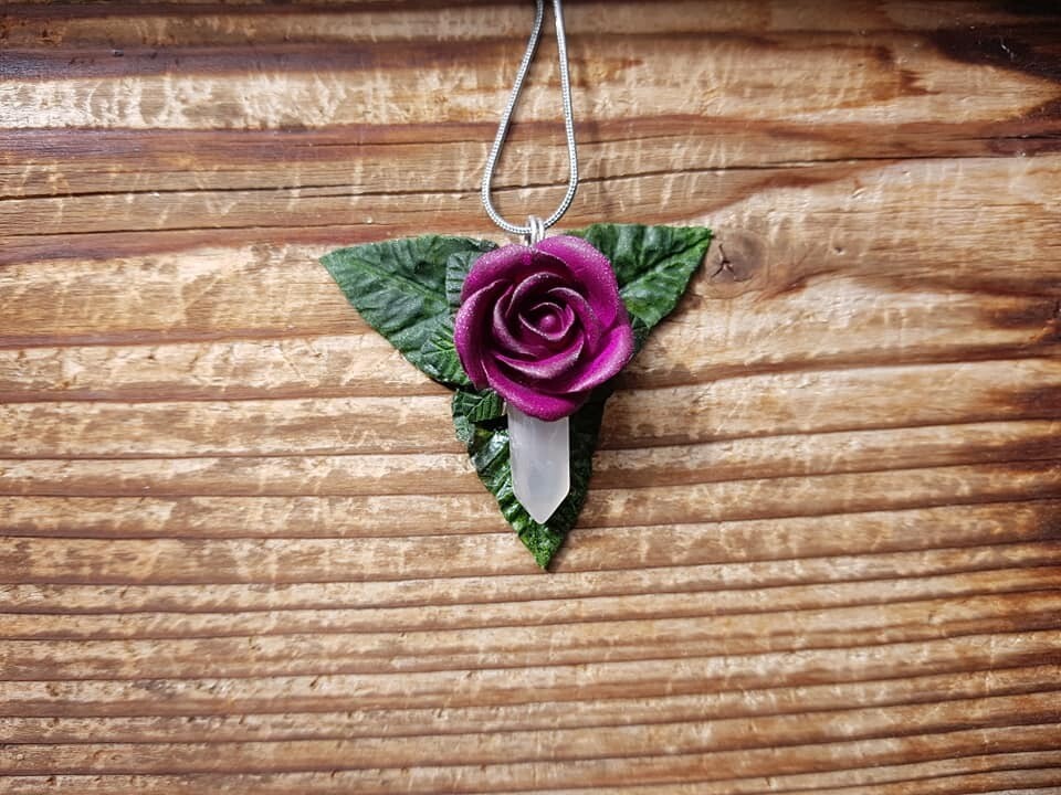 ​Rose Crystal with Leaves pendant