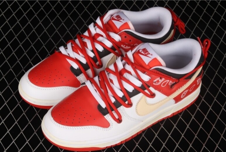 Off White x Nike Dunk Low University Red white cream Paisley