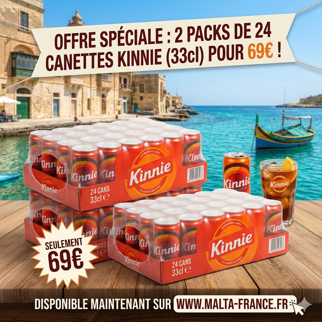 2 Packs de 24 Canettes Kinnie – 33cl : Le Goût Authentique de Malte. Livraison Offerte! En France! 2 Packs de 24 Canettes Kinnie – 33cl : Le Goût Authentique de Malte. Livraison Offerte! En France!