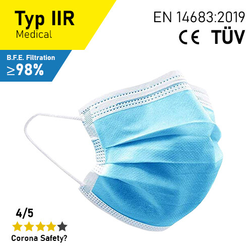 Hygienemasken - Typ IIR - 50er Packung (CE + TÜV) Hygienemasken - Typ IIR - 50er Packung (CE + TÜV)