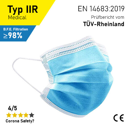 Medizinische Masken - Typ IIR - 50er Packung / inkl. Prüfbericht TÜV-Rheinland Medizinische Masken - Typ IIR - 50er Packung / inkl. Prüfbericht TÜV-Rheinland