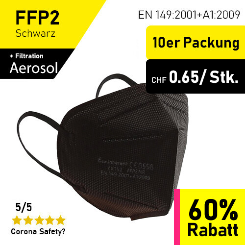 FFP2 Maske Schwarz - 10er Packung / SGS Geprüft & CE 0598