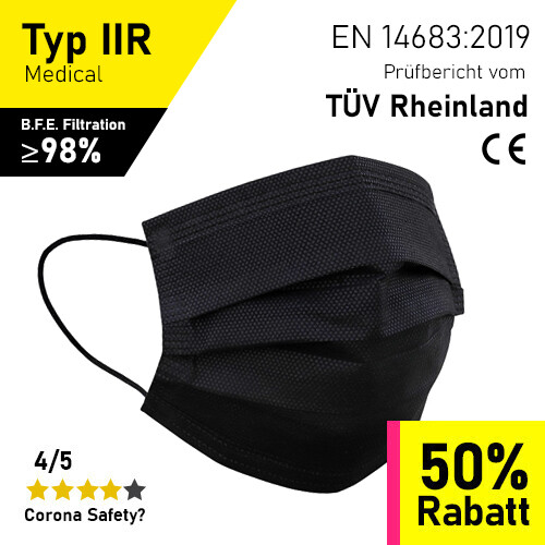 Medizinische Masken Schwarz - Typ IIR - 50er Packung / inkl. Prüfbericht TÜV-Rheinland