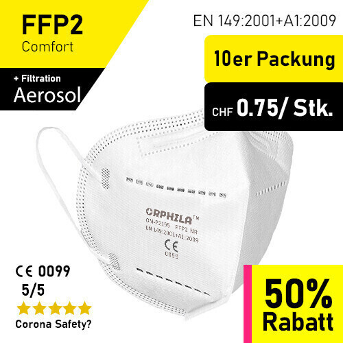 Orphila Medical Masque respiratoire FFP2 - Paquet de 10 / Testé CE + TÜV-Rheinland