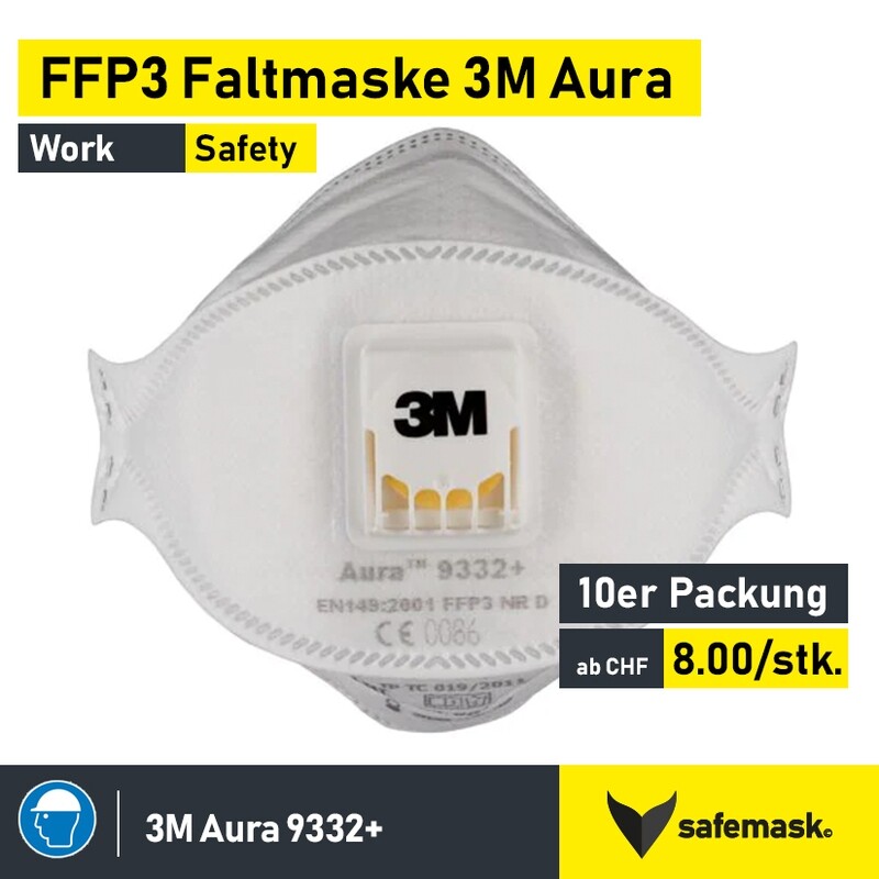 3M™ Aura™ FFP3 Atemschutzmaske 9332+ mit Ventil 10er Packung