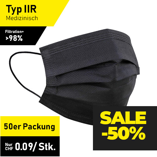 Medizinische Masken Schwarz - Typ IIR - 50er Packung / inkl. Prüfbericht TÜV-Rheinland
