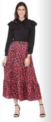 Jade Tiered Maxi Skirt w slit in Red Leopard