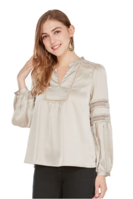 Jade Lace Trim Blouse in Taupe