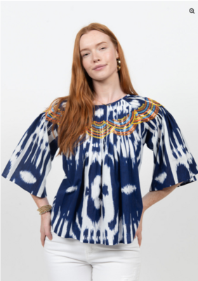 Ivy Jane Ikat Multi Stitched Top in Navy