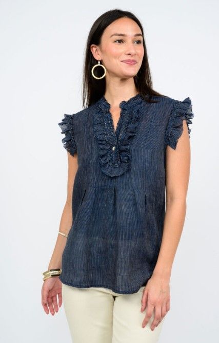 Ivy Jane Striped Ruffled Top in Navy
