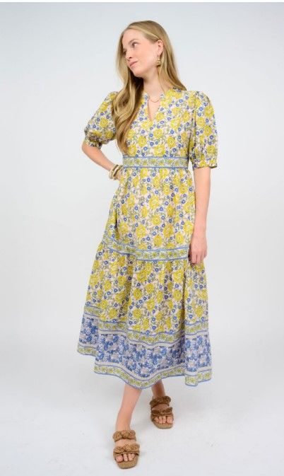 Ivy Jane Banded Block Print Dress in Lemon