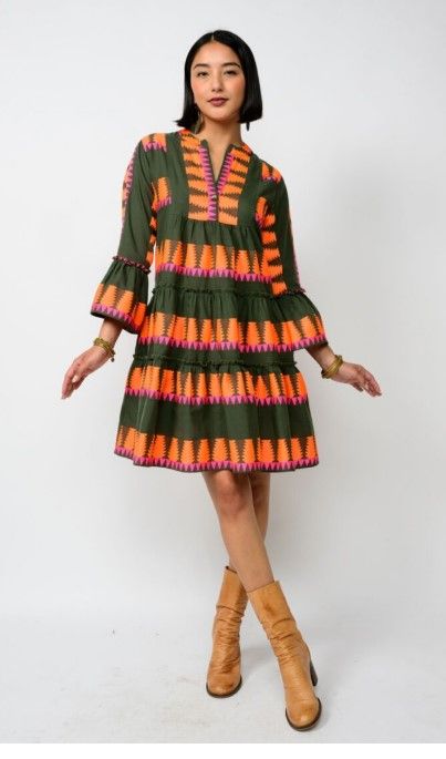 Ivy Jane Jacquard Tiered Dress in Olive