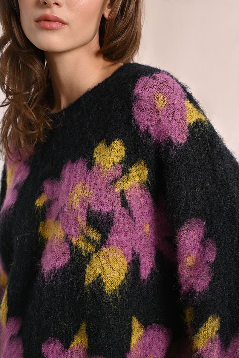 Molly Bracken Sweater w/ Flowers in Black/Purp