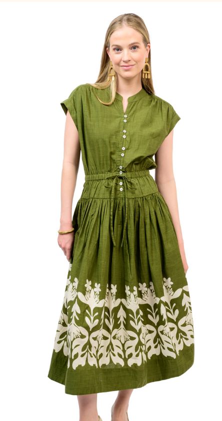 Ivy Jane Border Maxi Dress W Drop Waist in Olive