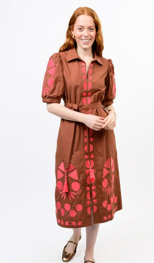 Ivy Jane Placket Embroidered Dress in Brown