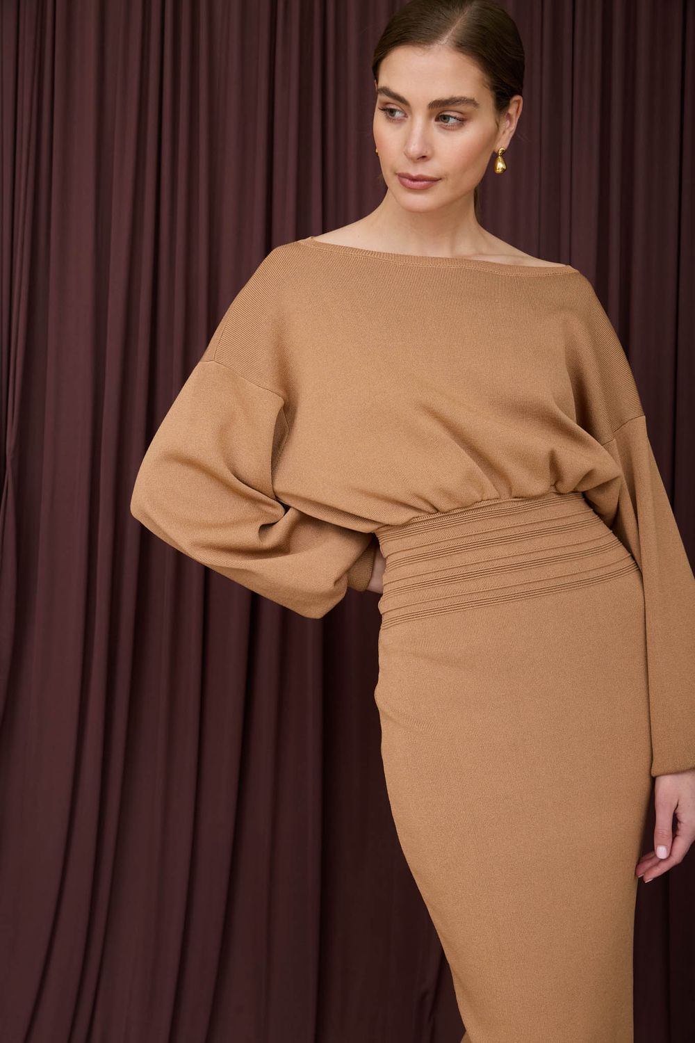 Zoe and Claire Fitted Dress in Camel