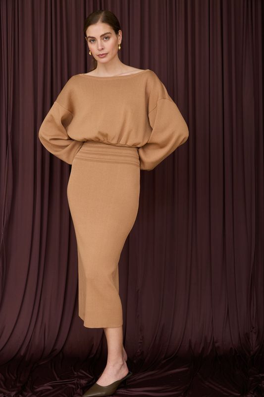 Zoe and Claire Fitted Dress in Camel