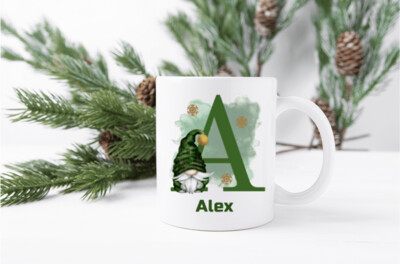 Personalised Green Gnome Initial Christmas Mug
