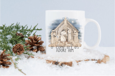 Nativity Scene O Come let us adore Him Christmas Mug