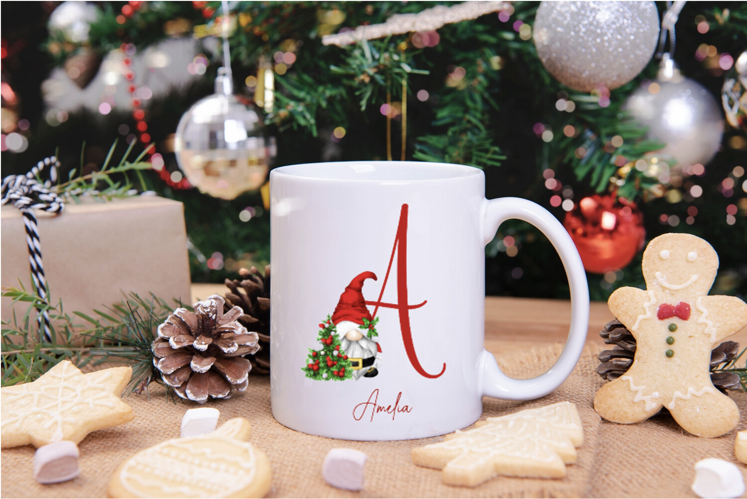 Personalised Red Santa Gnome Initial Christmas Mug