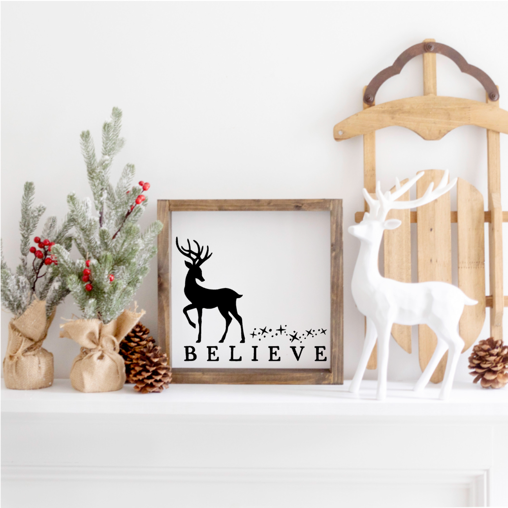 Believe, Reindeer Christmas Farmhouse Sign