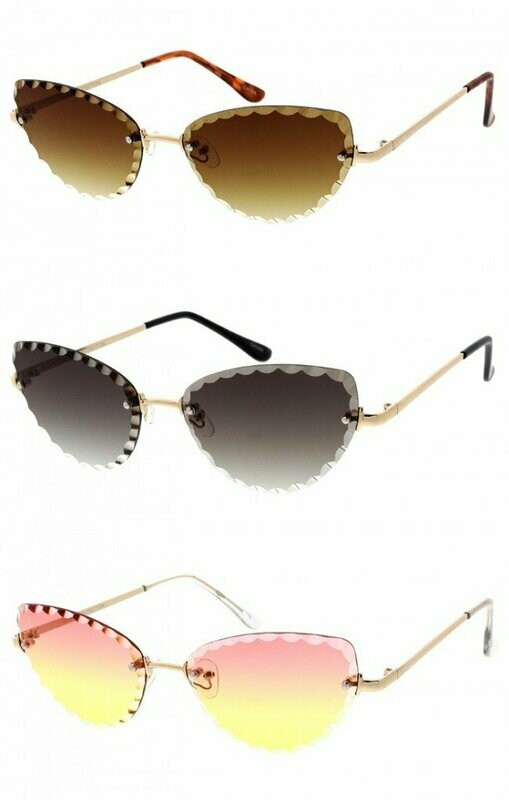 Scalloped Beveled Gradient Cat Eye Rimless Sunglasses
