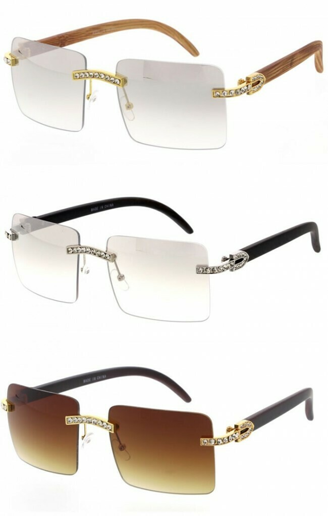 Luxury Fashion Large Square Lens Rhinestones Decorated Rimless  Sunglasses 56mm (New Release)