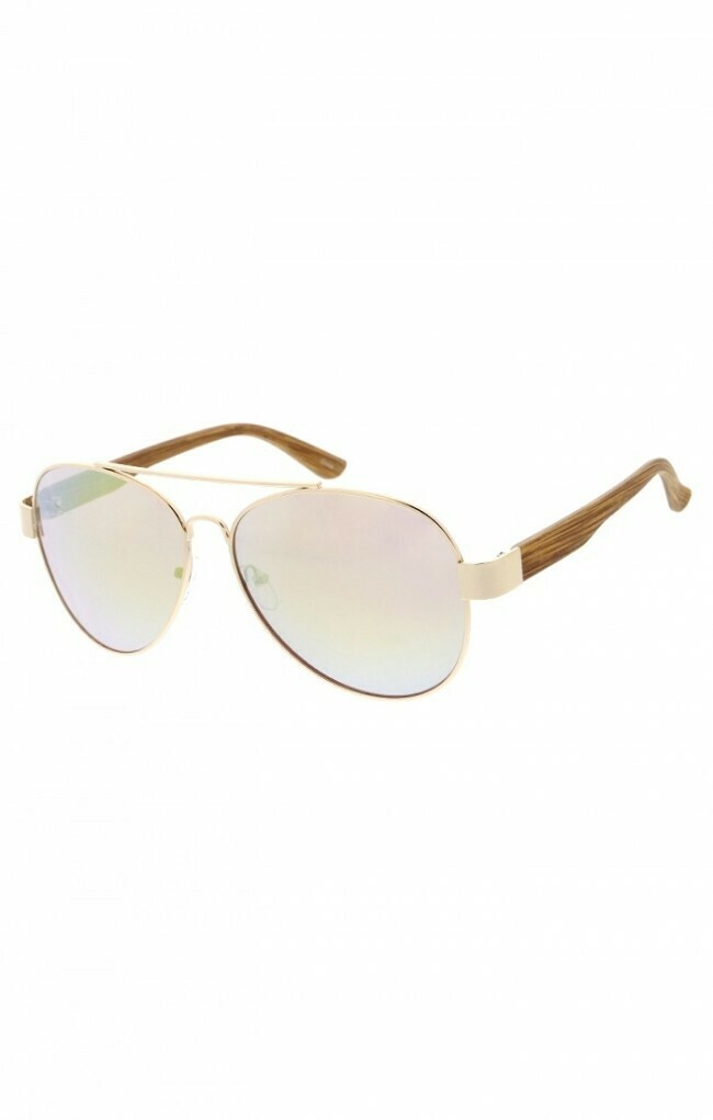 Classic Gold Thin Metal Crossbar Frame Wooden Arms Aviator Sunglasses