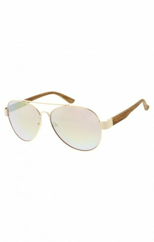 Classic Gold Thin Metal Crossbar Frame Wooden Arms Aviator Sunglasses