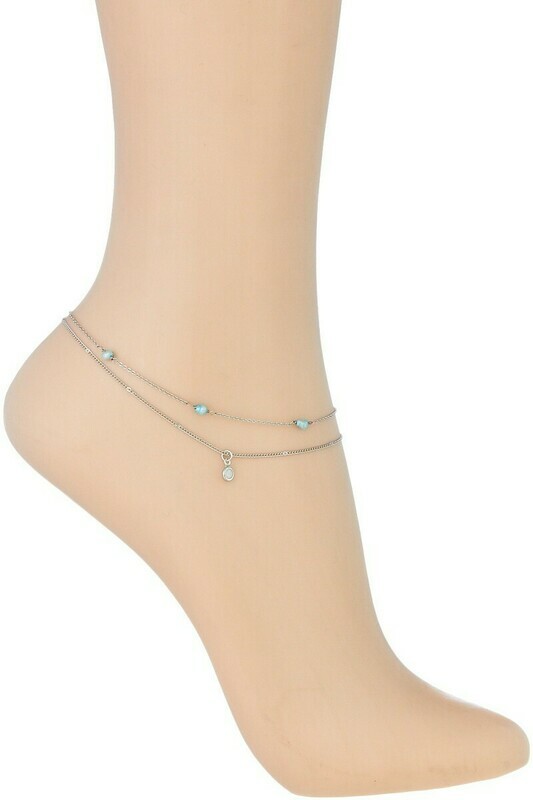 Two-layer anklet with round stone accent and pearl beads