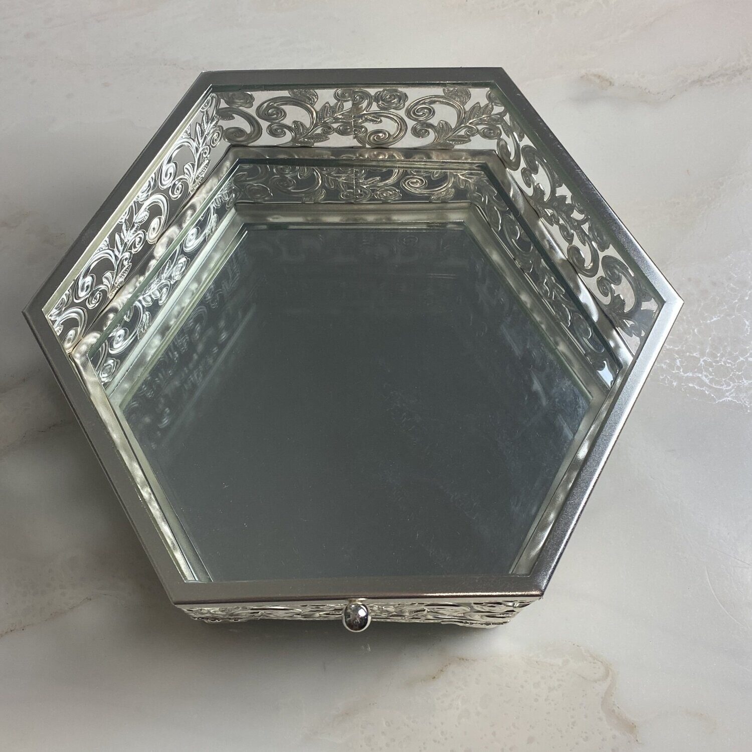 Glas-Spiegel-Box mit Designe (6Eckig, Silber)