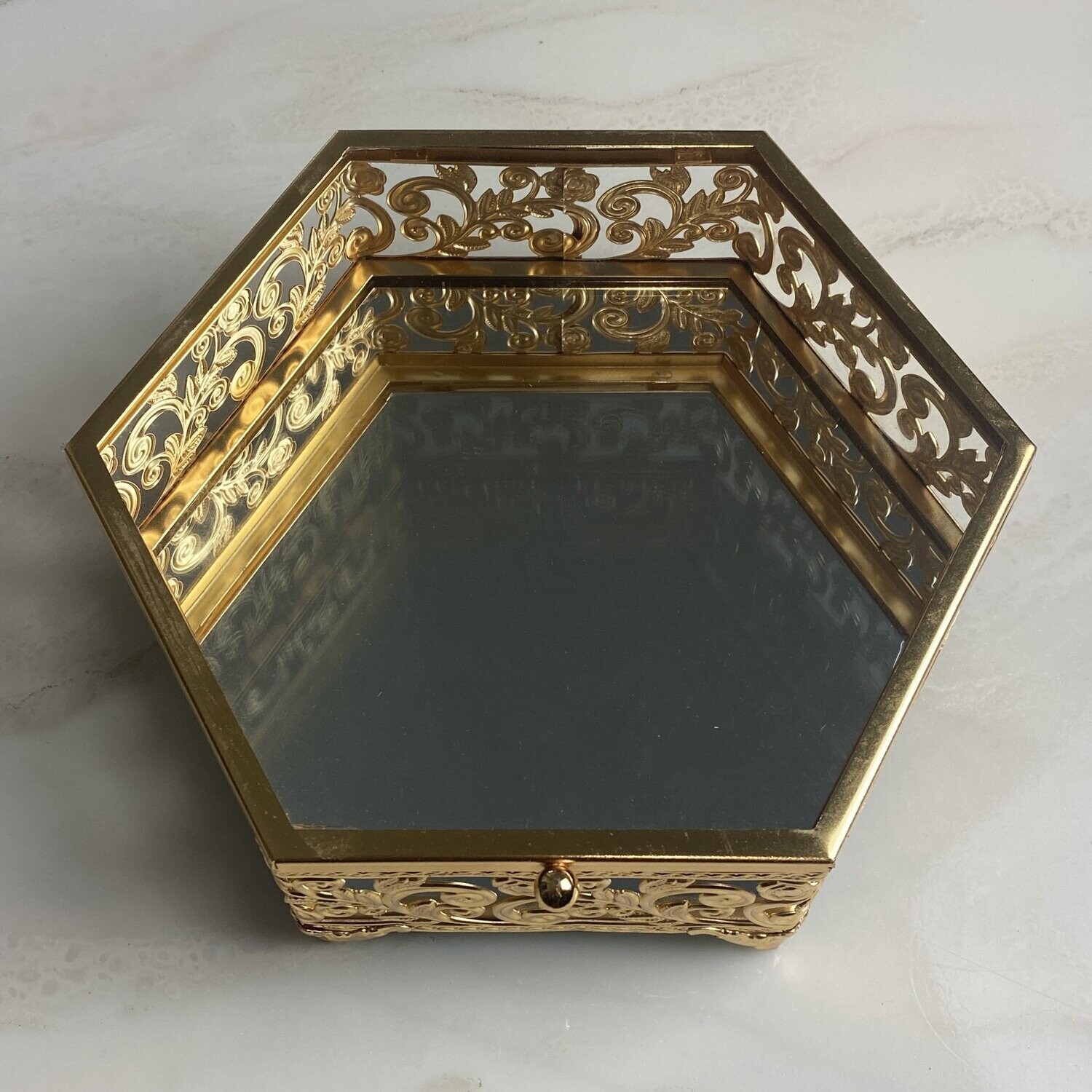 Spiegel-Glas-Box mit Designe (6Eckig, Gold)