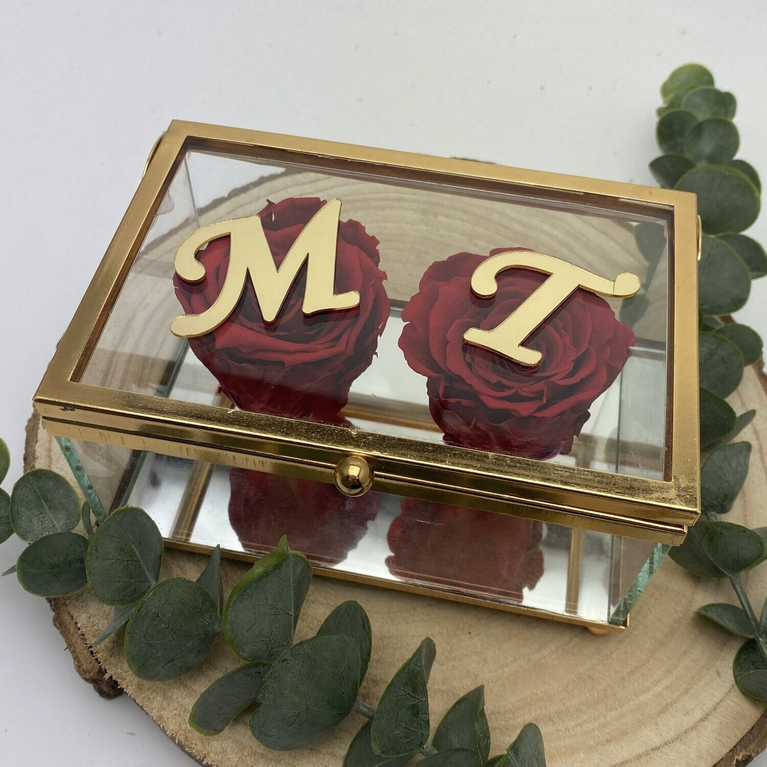 Ringbox, Glas-Spiegel-Box mit Infinity Rosen (Gold)