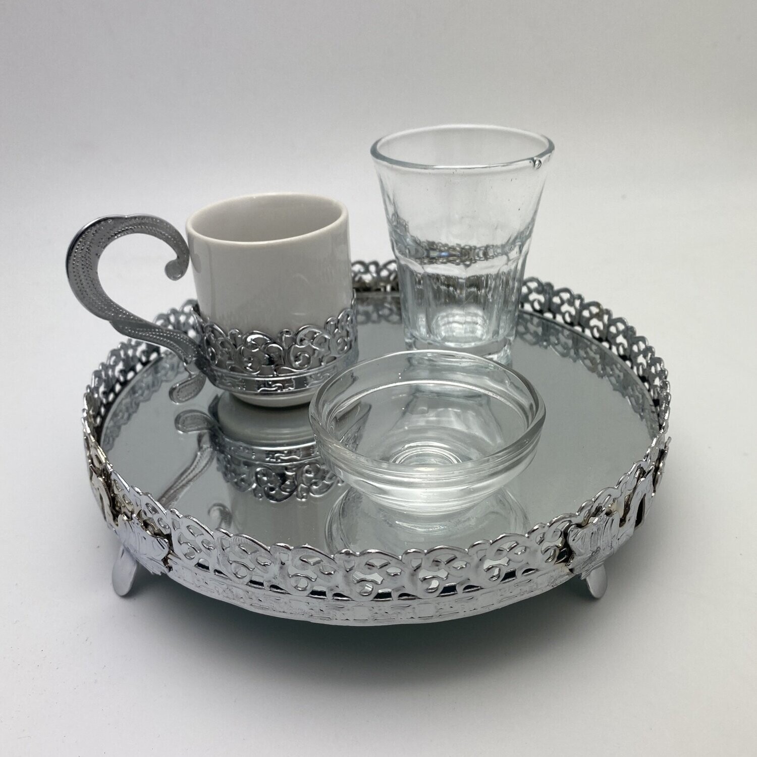 Damat Kahve Tepsisi, Spiegel Tablett mit Glas, Mokkatasse und Schälchen für Süssigkeiten (Rund, Silber)