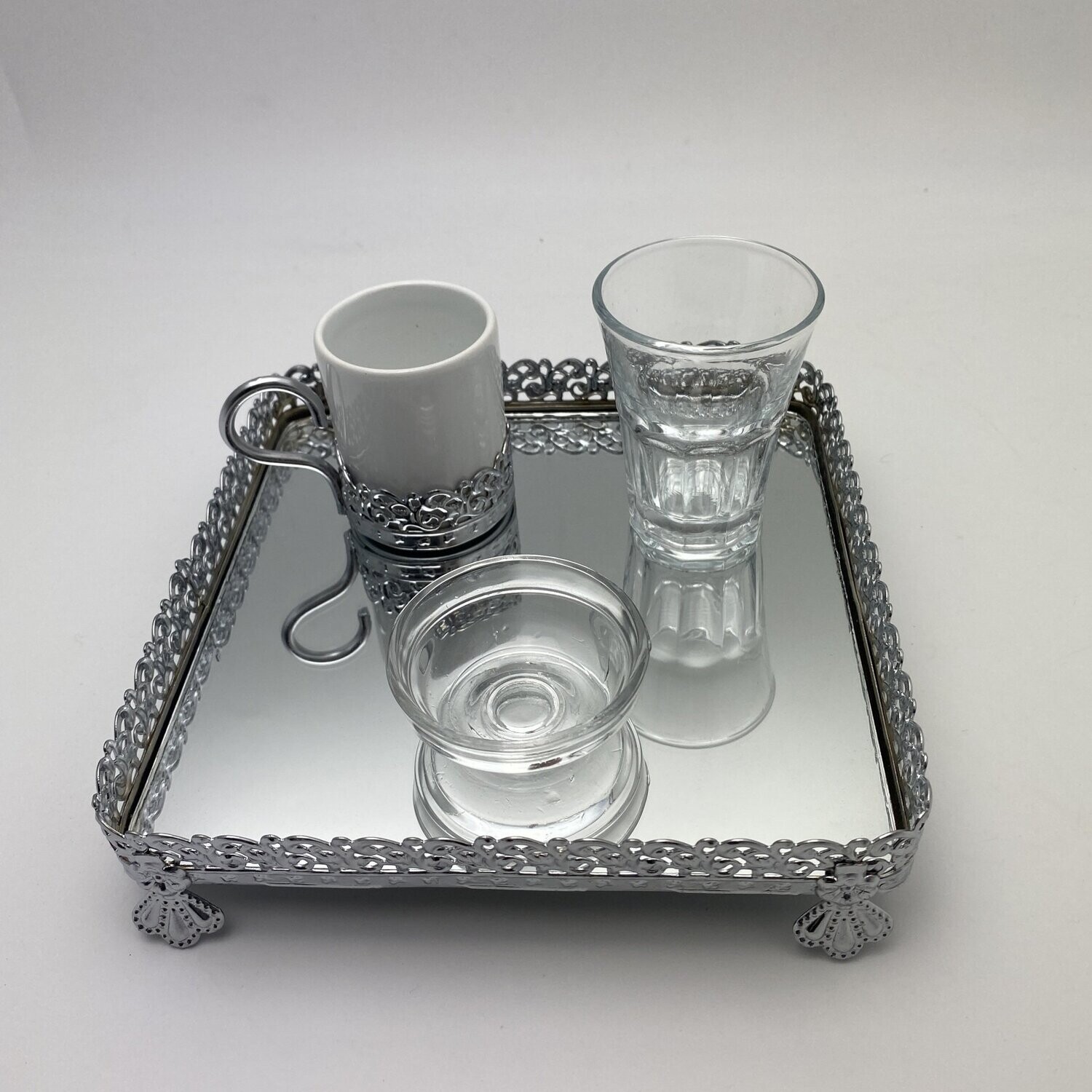 Damat Kahve Tepsisi, Spiegel Tablett mit Glas, Mokkatasse und Schälchen für Süssigkeiten (Eckig, Silber)