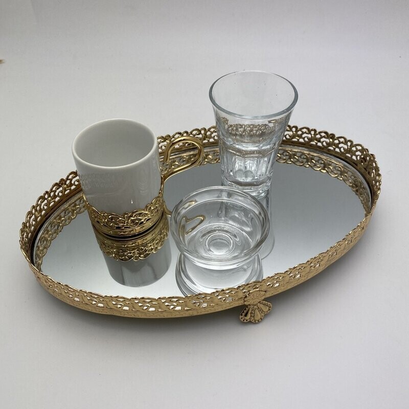 Damat Kahve Tepsisi, Spiegel Tablett mit Glas, Mokkatasse und Schälchen für Süssigkeiten (Oval, Gold)