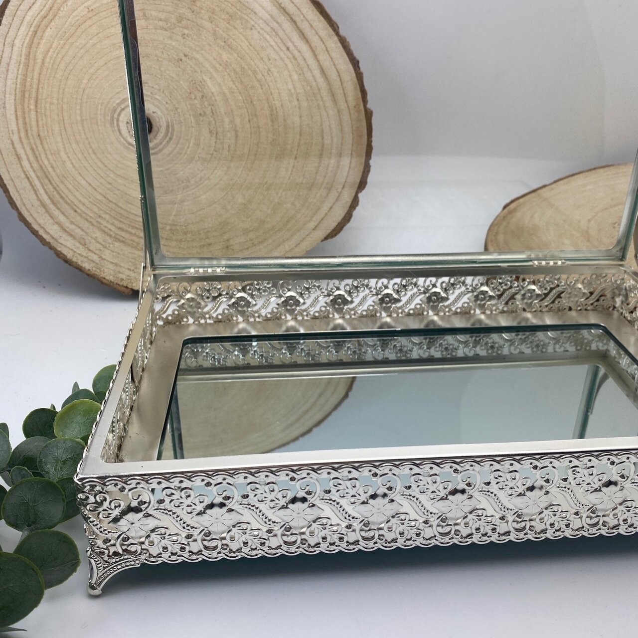 Glas-Box, Spiegel-Box, Deko-Box, (mit Designe Nr.2 , Silber)