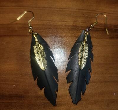 Gold & black feather earrings