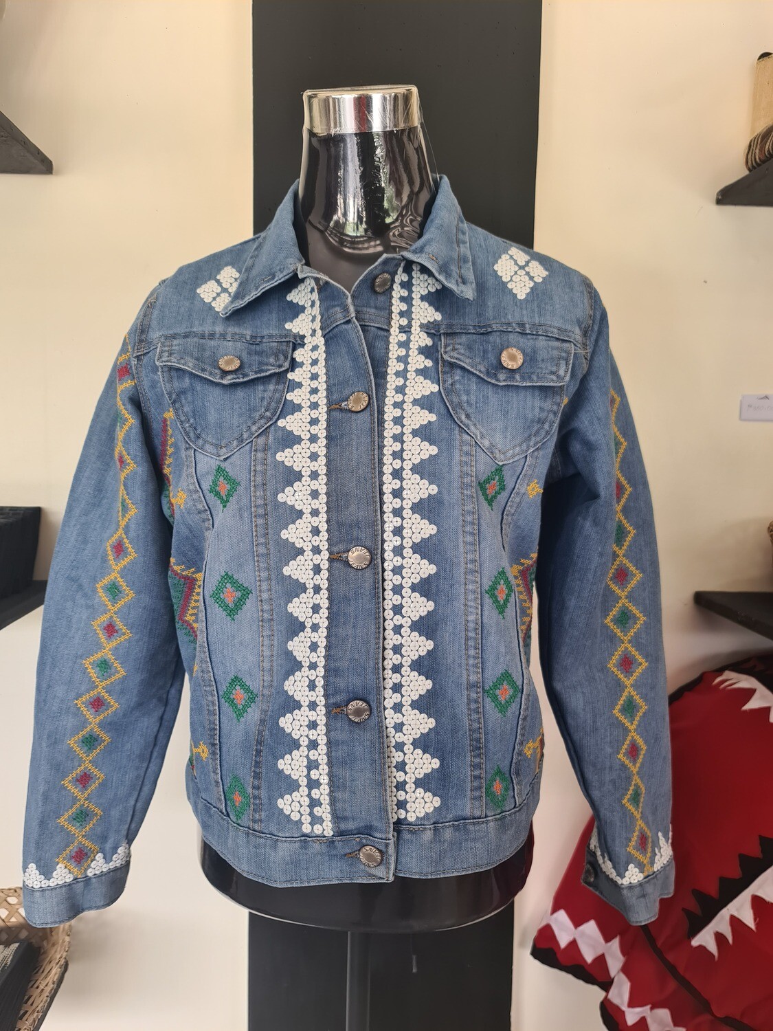 Jacket. CUSTOM TBOLI HAND-EMBROIDERED &amp; HAND-BEADED DENIM JACKET