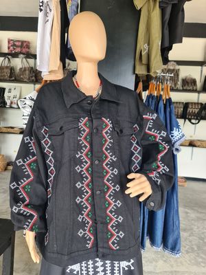 Jacket. T&#39;BOLI HAND-EMBROIDERED BLACK DENIM JACKET